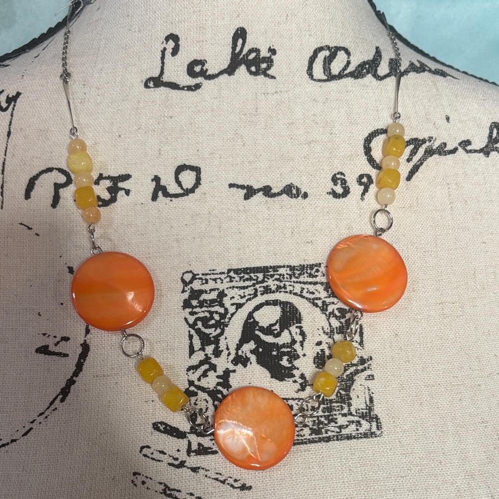 Artisan Orange and Yellow Beaded Necklace Natural Calcite and MOP